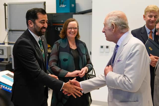King Charles III meeting First Minister Humza Yousaf as they visit Heriot-Watt University Dubai Campus during the COP28 summit. Picture: Andrew Matthews/PA Wire