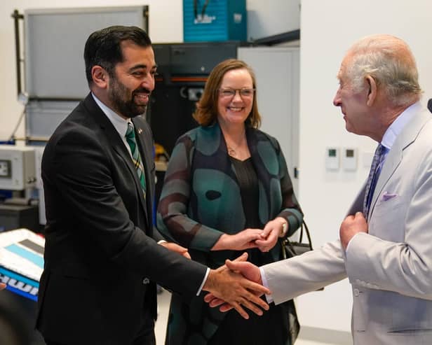 King Charles III meeting First Minister Humza Yousaf as they visit Heriot-Watt University Dubai Campus during the COP28 summit. Picture: Andrew Matthews/PA Wire
