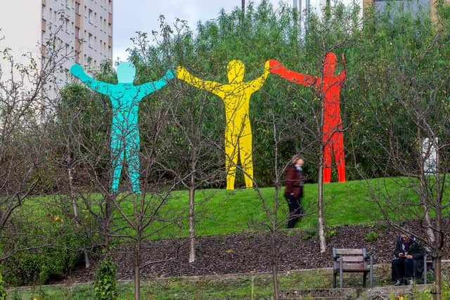 The third artwork in the Hope Sculpture project is a colourful trio of figures made out of recycled steel, located in the University of Strathclyde’s Rottenrow Gardens in Glasgow city. Picture: Keith Hunter