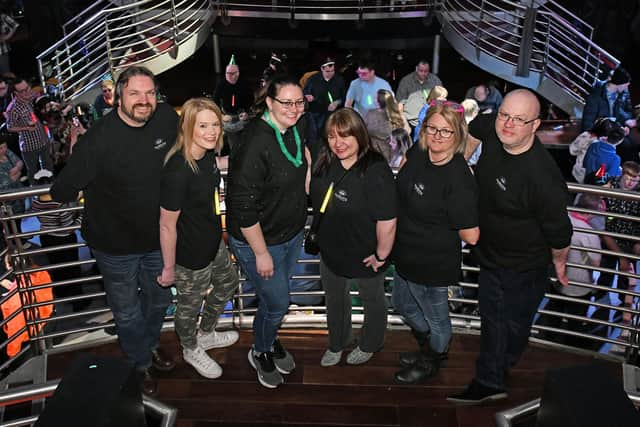 Awakening disability club night organisers Neil Kilgour, Jill Donoghue, Norah McGowan, Maureen Kilgour, Oonagh Sear and David Irvine at City Nightclub, Falkirk. Picture taken in 2020. Credit: Michael Gillen.