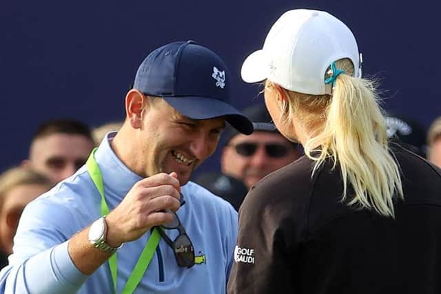 Kevin McAlpine shows his delight as he prepares to embrace Anna Nordqvist after the Swede's success in the 2021 AIG Women's Open at Carnoustie. Picture: Andrew Redington/Getty Images.