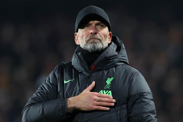 Juergen Klopp, Manager of Liverpool, acknowledges the fans after the team's victory in the UEFA Europa League 2023/24 round of 16 first leg match between AC Sparta Praha and Liverpool FC at Letna Stadium on March 07, 2024 in Prague, Czech Republic. (Photo by Alexander Hassenstein/Getty Images)