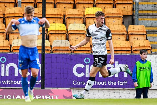 Ayr's George Stanger celebrates as he makes it 1-0 during the victory over St Johnstone at McDiarmid Park.