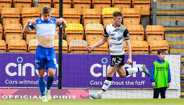 Ayr's George Stanger celebrates as he makes it 1-0 during the victory over St Johnstone at McDiarmid Park.