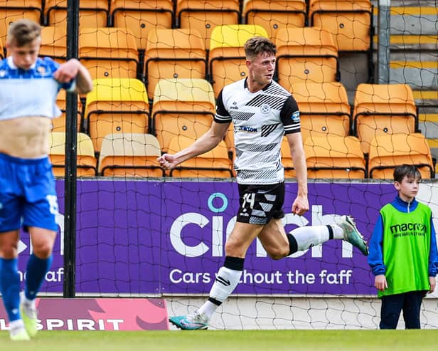 Ayr's George Stanger celebrates as he makes it 1-0 during the victory over St Johnstone at McDiarmid Park.