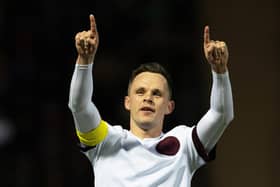 Lawrence Shankland celebrates after scoring to make it 2-0 to Hearts in Saturday's win over Motherwell.