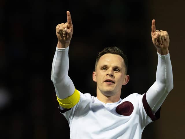 Lawrence Shankland celebrates after scoring to make it 2-0 to Hearts in Saturday's win over Motherwell.