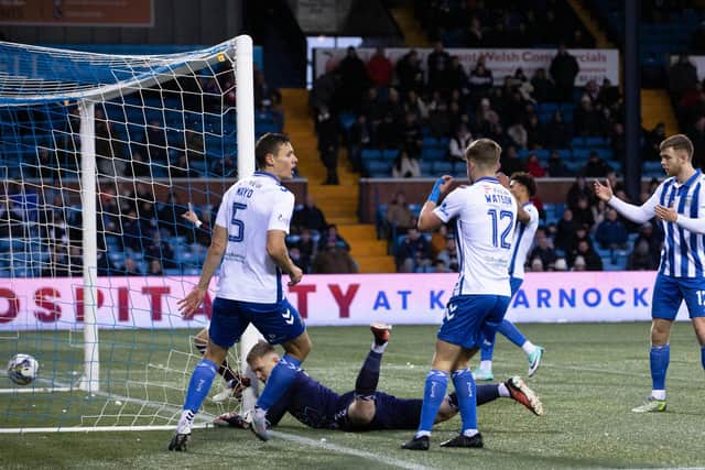 Hearts won 1-0 at Kilmarnock after this bizarre own goal by Will Dennis.
