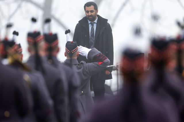 First Minister Humza Yousaf, in his capacity as one of the Commissioners of the Regalia, attends a Beating Retreat ceremony on the Esplanade of Edinburgh Castle to mark the transfer of the Stone of Destiny, which is moving to Perth Museum later this month. Picture: Jeff J Mitchell/Getty Images