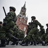 Russian servicemen march through Red Square during the Victory Day military parade in downtown Moscow on May 9, 2019. PIC: Alexander Nemenov / AFP / Getty Images