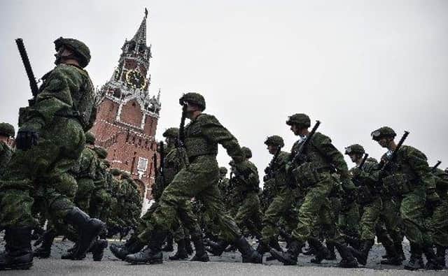 Russian servicemen march through Red Square during the Victory Day military parade in downtown Moscow on May 9, 2019. PIC: Alexander Nemenov / AFP / Getty Images