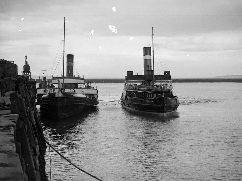 The ferry boat from Granton to Burntisland - William Muir finishes service while the Thane of Fife is its successor
Locally Known as the Willie Muir, she had been in service for 58 years and clocked 800,000 miles steaming. She went to the shipbreakers, but her deck was saved and forms part of the bar in the clubhouse of the local boat club at Brucehaven, near Limekilns
The Ferry service was abandoned in 1946 and the "Thane" which mostly did tender duties during the WWII , went to a breakers yard in Alloa in 1947.