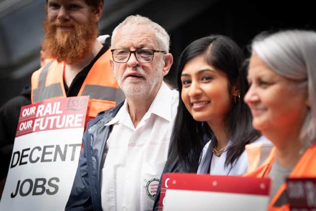 Former Labour MPs Jeremy Corbyn, centre, and Zarah Sultana together on a picket line outside London Euston railway station in 2022. Picture: Stefan Rousseau/PA Wire