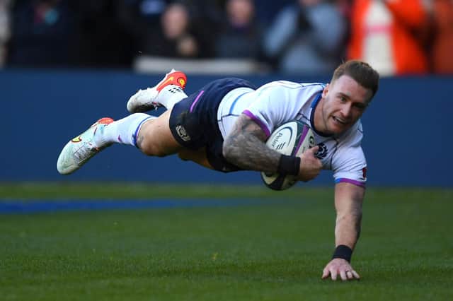 Scotland's full-back Stuart Hogg scores his team's first try during the Autumn International friendly between Scotland and South Africa. (Photo by ANDY BUCHANAN / AFP) (Photo by ANDY BUCHANAN/AFP via Getty Images)