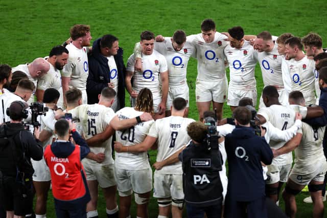 George Ford talks to the England team in the huddle following the Six Nations win over Wales at Twickenham last weekend. (Photo by Clive Mason/Getty Images)