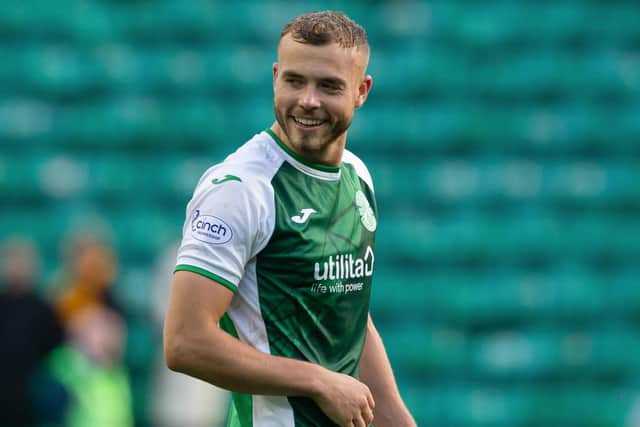 Hibs defender Ryan Porteous is all smiles after scoring the winner against Motherwell. (Photo by Ewan Bootman / SNS Group)