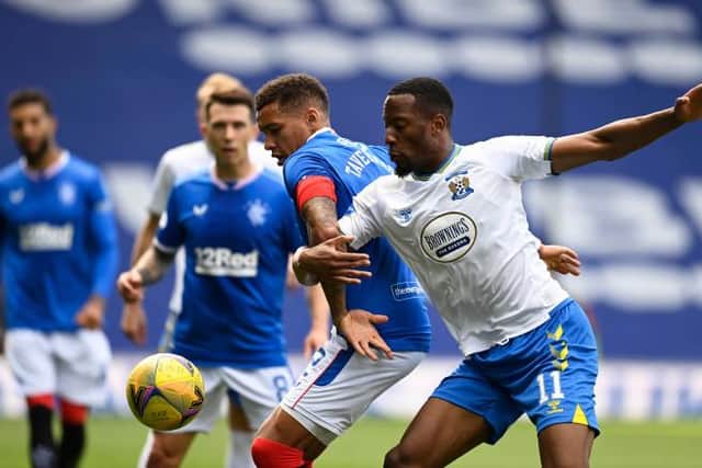 James Tavernier and Nicke Kabamba in actionduring  the Scottish Premiership match between Rangers  and Kilmarnock at Ibrox Stadium, on August 22, 2020, in Glasgow, Scotland. (Photo by Rob Casey / SNS Group)