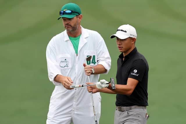 Collin Morikawa with his caddie prior to The Masters at Augusta National Golf Club. Picture: Gregory Shamus/Getty Images.