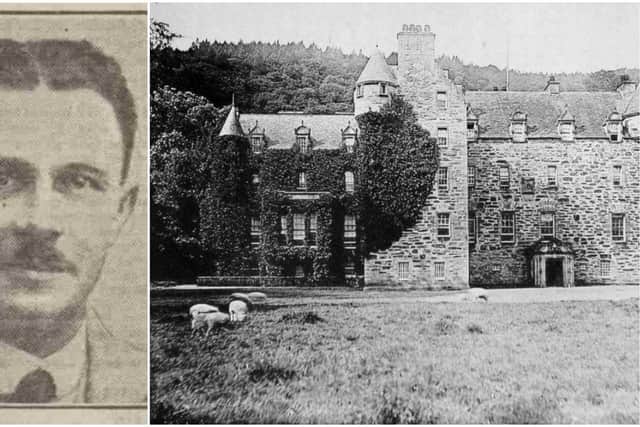 Francis Metcalfe (left) and Menzies Castle in Perthshire, where he worked as a factor and  was accused of stealing money in 1925. He went on the run to France, where he was arrested and held for six weeks in a Paris prison before being extradited home. The case was not proven against him. PIC: Contributed.