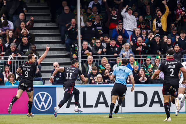 Sean Maitland scored two tries as Saracens defeated Northampton Saints to reach the Gallagher Premiership play-off final.
