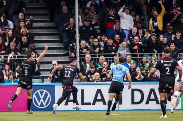 Sean Maitland scored two tries as Saracens defeated Northampton Saints to reach the Gallagher Premiership play-off final.