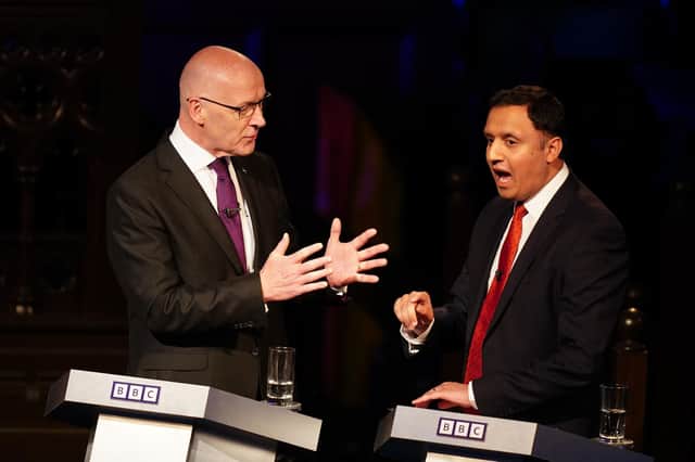 SNP leader John Swinney (left) and Scottish Labour leader Anas Sarwar, clashed over austerity in a BBC Debate Night election special (Photo by Jane Barlow/PA Wire)