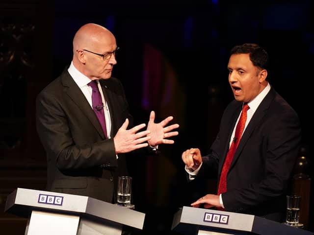 SNP leader John Swinney (left) and Scottish Labour leader Anas Sarwar, clashed over austerity in a BBC Debate Night election special (Photo by Jane Barlow/PA Wire)