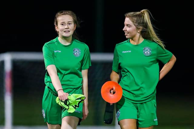 Hibs Under-19s girls Emma Miller and Ellie Crawford are delighted to have returned to training this week. Picture by Craig Doyle