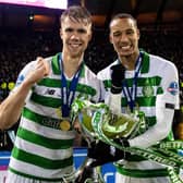 Celtic's Kristoffer Ajer (left) and Christopher Jullien with the Betfred Cup trophy following the 1-0 win over Rangers in the 2019 final. (Photo by Craig Williamson / SNS Group)