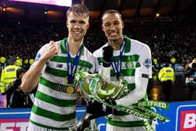 Celtic's Kristoffer Ajer (left) and Christopher Jullien with the Betfred Cup trophy following the 1-0 win over Rangers in the 2019 final. (Photo by Craig Williamson / SNS Group)