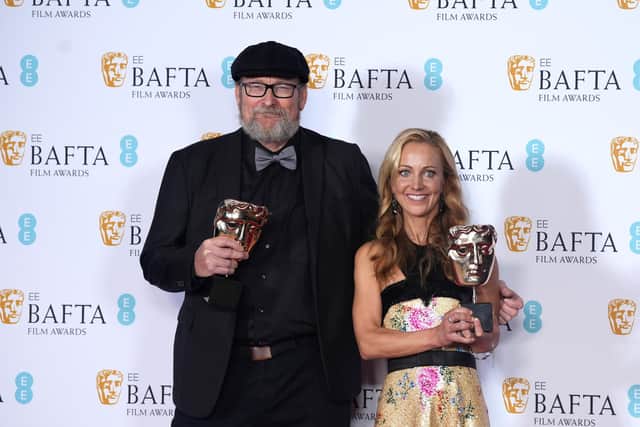 All Quiet on the Western Front co-writers Ian Stokell and Lesley Paterson with their Baftas during the 2023 EE British Academy Film Awards, held at the Royal Festival Hall, London, February, 2023. Pic: Dominic Lipinski/Getty Images)