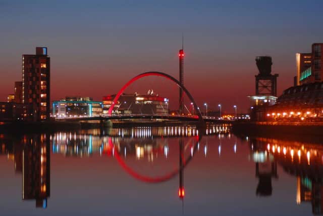 The Clyde Arc "Squinty Bridge" and Millennium Tower at dusk. Picture: Glasgow City Council