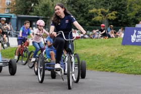 GLASGOW, SCOTLAND - AUGUST 10: Two-time Olympic gold medalist, Katie Archibald, visited Free Wheel North, a leading cycling inclusion charity in Scotland to celebrate the UCI Cycling World Championships and to see the impact of National Lottery investment into cycling on August 10, 2023 in Glasgow, Scotland. (Photo by Steve  Welsh/Getty Images for The National Lottery)