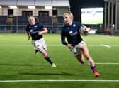Megan Gaffney scores against Japan in 2021. The winger has announced her retirement from international rugby.  (Photo by Ross Parker / SNS Group)