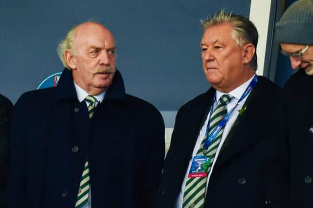 Celtic's major shareholder Dermot Desmond (L), pictured alongside the club's chief executive Peter Lawwell, believes the financial impact of the coronavirus crisis could increase support in England for a British Premier League which includes the Old Firm. (Photo by Craig Foy / SNS Group)