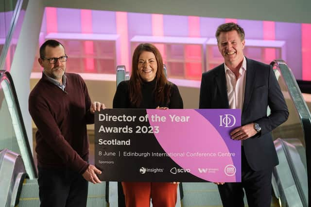 From left: Ian Gulland, CEO of sponsor Zero Waste Scotland; Catherine McWilliam, nations director at IoD Scotland; and Marshall Dallas, CEO of this year’s host the EICC and former IoD Scotland Director of the Year winner. Picture: Mike Wilkinson.