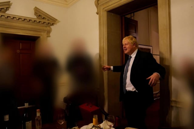 Boris Johnson is pictured during a gathering for the departure of a special adviser in No 10 Downing Stret on November 13th, 2020.