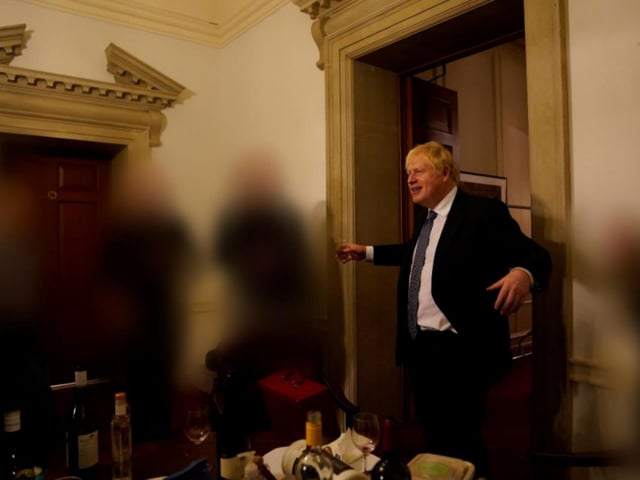 Boris Johnson is pictured during a gathering for the departure of a special adviser in No 10 Downing Stret on November 13th, 2020.