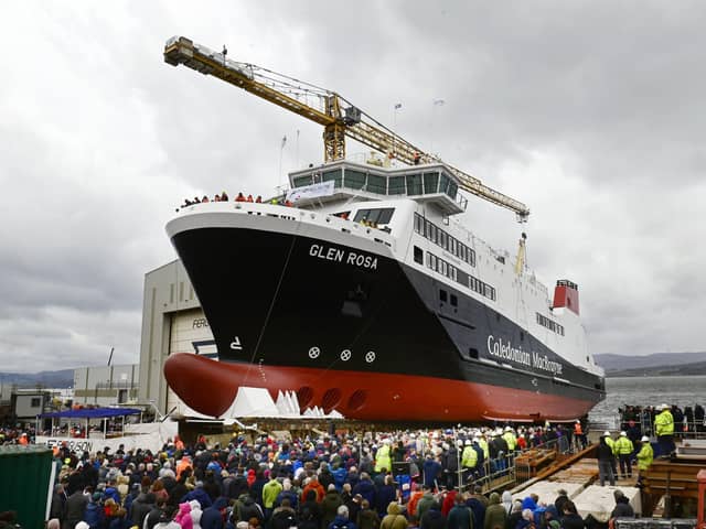 Hundreds watched the launch of Glen Rosa at the Ferguson Marine shipyard in Port Glasgow on Tuesday. Picture: John Devlin/The Scotsman