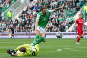 Hibs' Martin Boyle takes the ball past Inter Club d'Escaldes goalkeeper Adria Munoz to open the scoring in the second leg of their Europa Conference League qualifier at Easter Road. Photo by Ross Parker / SNS Group