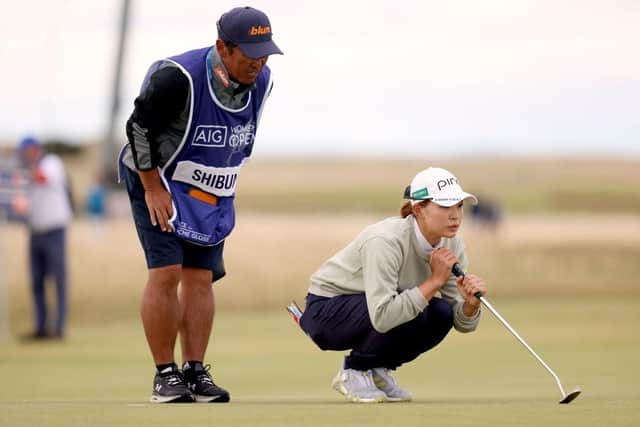 Hinako Shibuno lines up a putt at Muirfield Picture: Charlie Crowhurst/Getty Images.