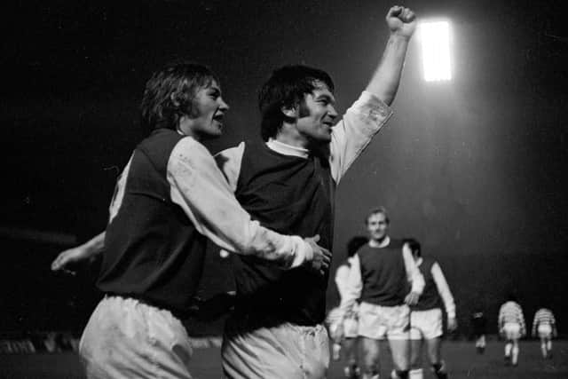 Jimmy O'Rouke (right) celebrates his match winning goal for Hibs in the 2-1 victory over Celtic in the 1972 League Cup final at Hampden