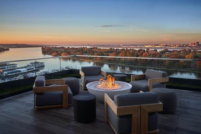 The view from the rooftop bar and restaurant Moonraker at hotel Pendry Washington DC, with the marina beneath. Pic: Contributed