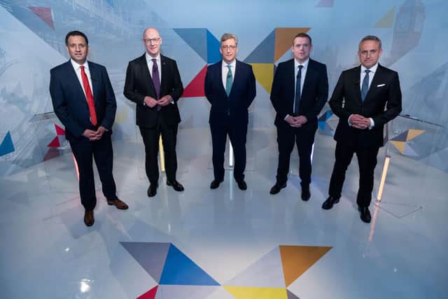Handout photo issued by STV of (left to right) Scottish Labour leader Anas Sarwar, SNP leader John Swinney, STV’s political editor Colin Mackay, Scottish Conservative leader Douglas Ross and Scottish Liberal Democrat leader Alex Cole-Hamilton (Photo by Kirsty Anderson/STV/PA Wire)