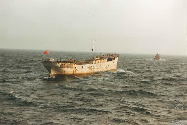 Glenlee being towed back to the Clyde in 1993 from Ferrol, near the north west tip of Spain, the ship's home port while serving as a sail training ship. Picture: Hamish Hardie/The Tall Ship Glenlee Trust
