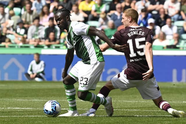 Elie Youan and Kye Rowles in action during the first Hibs v Hearts match of the season.