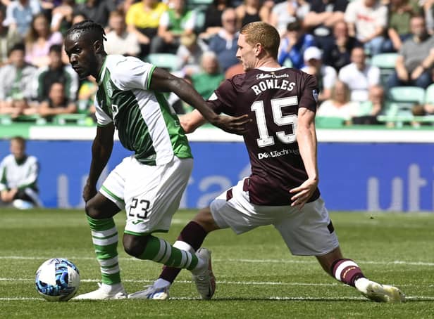 Elie Youan and Kye Rowles in action during the first Hibs v Hearts match of the season.