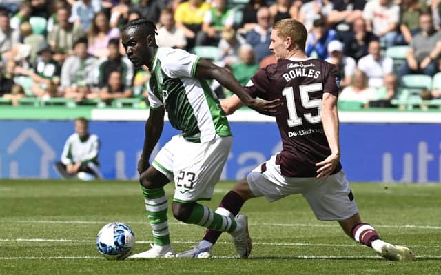 Elie Youan and Kye Rowles in action during the first Hibs v Hearts match of the season.