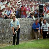 Tom Watson's hopes of winning the 1984 Open at St Andrews came unstuck when  he found himself close to the wall at the side of the 17th green in the final round. Picture: Allsport UK /Allsport.