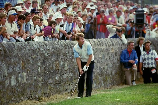 Tom Watson's hopes of winning the 1984 Open at St Andrews came unstuck when  he found himself close to the wall at the side of the 17th green in the final round. Picture: Allsport UK /Allsport.